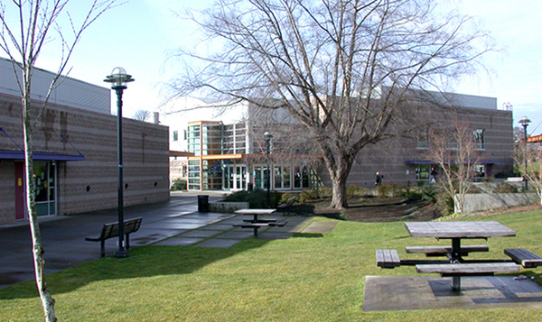 South Seattle College's New Holly learning center campus exterior lawn and buildings
