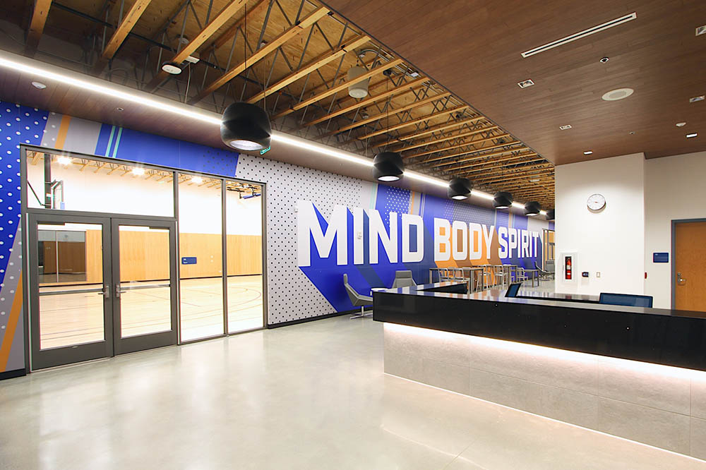 Wellness Center interior with Mind Body Soul mural