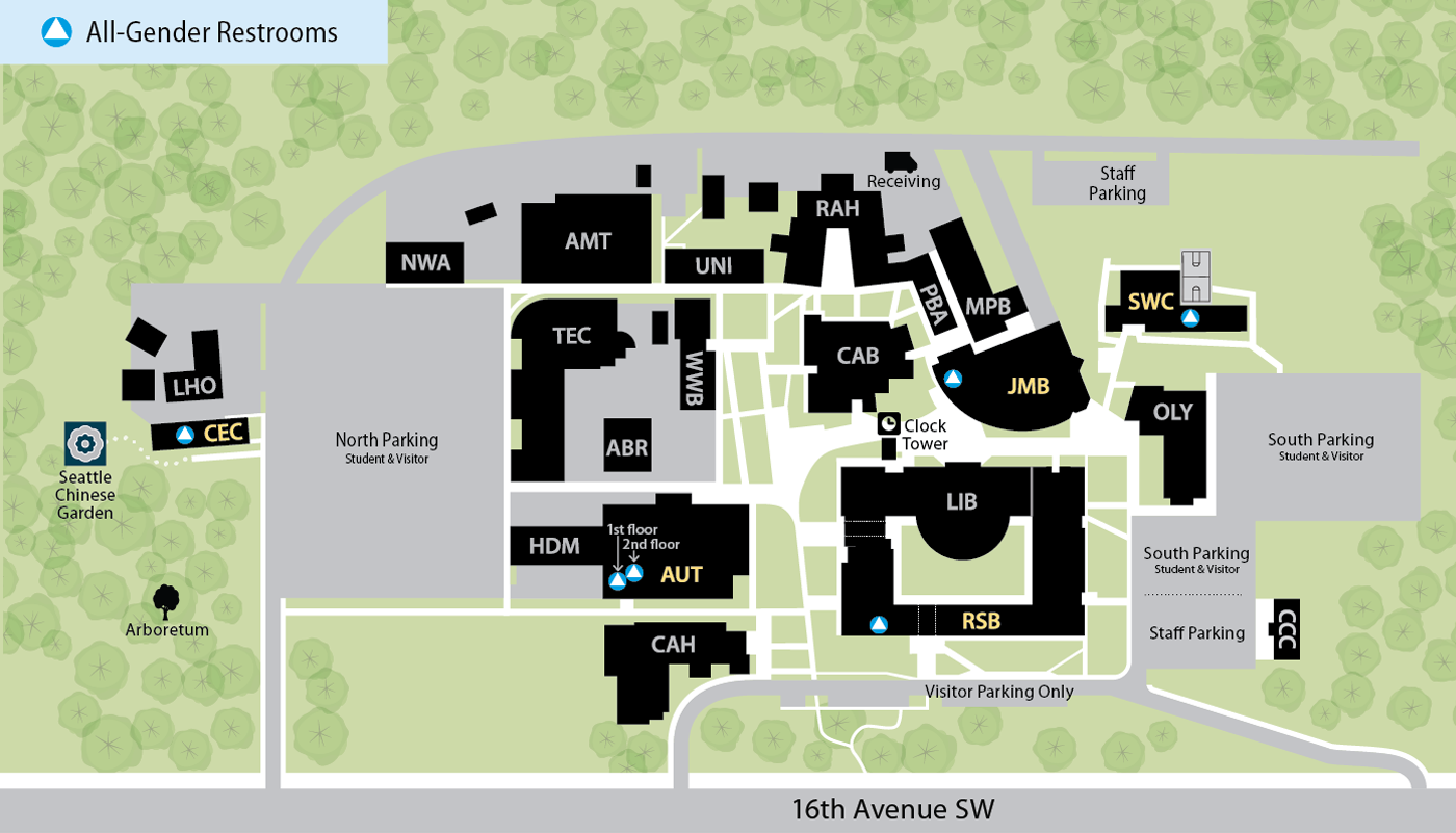 South Seattle College Campus Overview Map - All Gender Restrooms noted in Automotive Technology, Brockey Student Center, Chan Education Center, Rober Smith Building, and Student Wellness Center. Refer to text above this image detailing locations of restrooms.