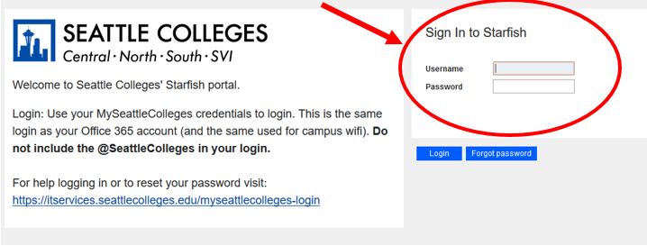 Screenshot of how to sign in to Starfish